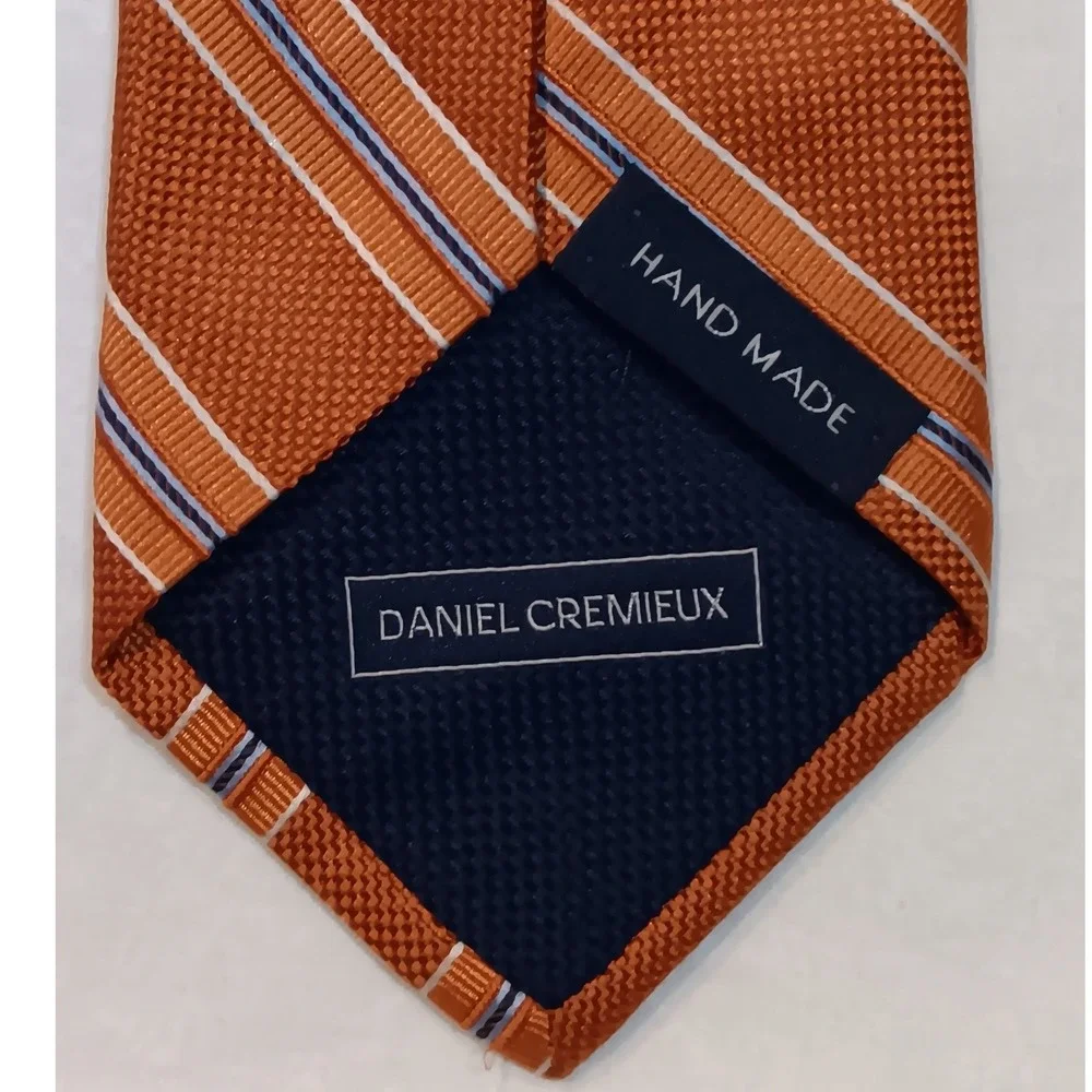 Daniel Cremieux Mens‎ Silk Tie Orange Blue White Striped Hand Made USA RN 58909